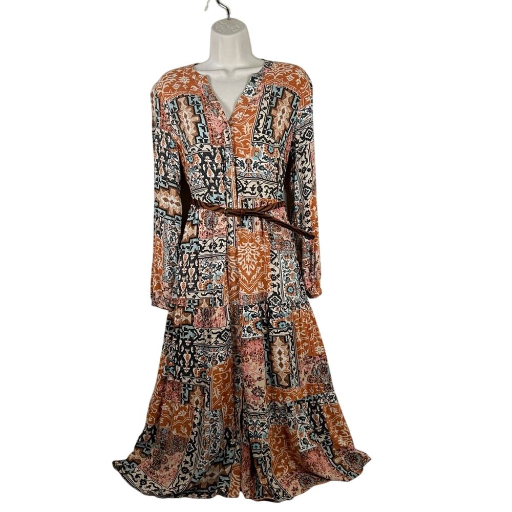 Canyon Retreat Women XS Boho, Western, tiered, gathered, Pearl snap, shirt dress